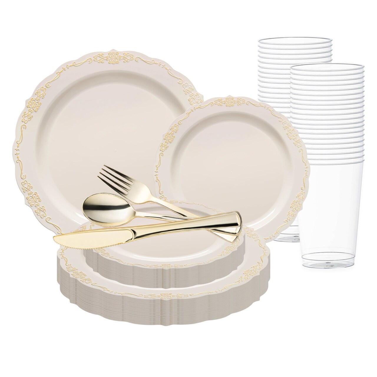 Ivory with Gold Vintage Rim Round Disposable Plastic Wedding Value Set (20 Settings)